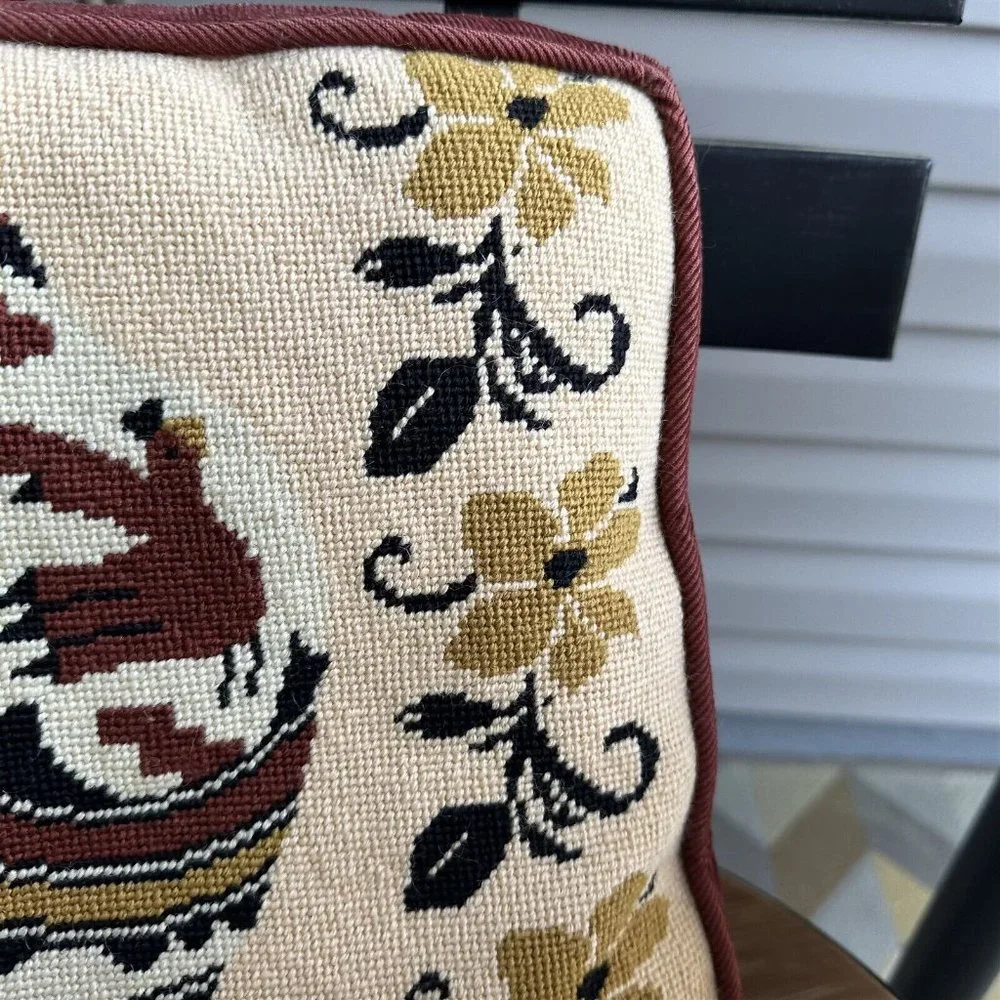 Throw Pillow Crewel Southwestern Kilim Pottery Hand Made Brown Bird Flower